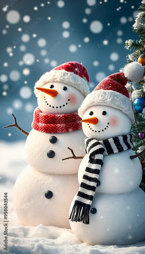 Two snowmen in a snowy winter scene, christmas tree in background Two snowmen in a snowy winter scene, christmas tree in background