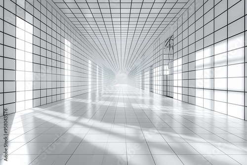 stock photo features a minimalist, futuristic white room with a black grid pattern, evoking a sense of digital space and technology, suitable for use in banners, covers, and sci-fi themes 