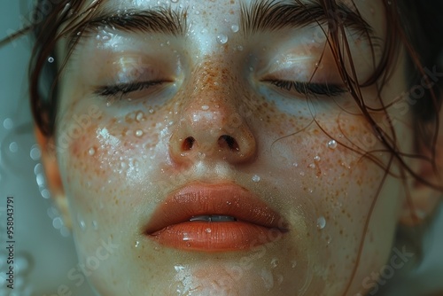 A serene woman enjoying a relaxing soak in a tub surrounded by water droplets, captured in a tranquil moment of self-care