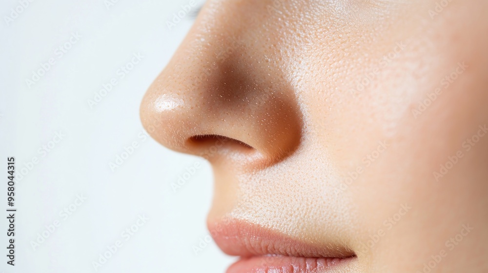 Close-up side view of a woman's nose with smooth skin and a hint of a smile. Close-up side view of a woman's nose with smooth skin and a hint of a smile.