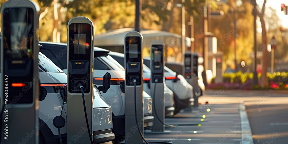 Electric cars charging at sunset with copy space Electric cars charging at sunset with copy space