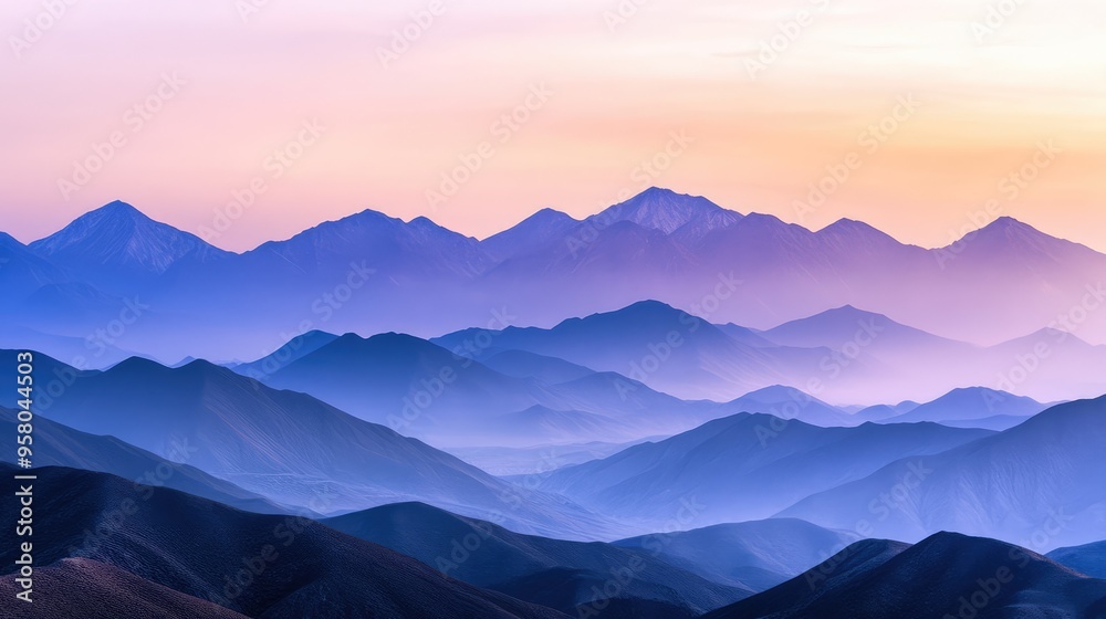 Fototapeta premium A high-definition, distant view of the Qilian Mountains at dawn, with mist, soft colors, and smooth textures creating a serene and artistic landscape