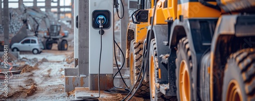 Electric car charging station at construction site with machiner photo