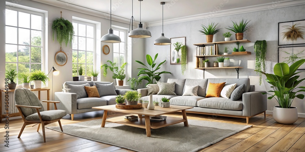 Fototapeta premium A light-filled Scandinavian-inspired living room boasts a plush sectional sofa, a woven-seagrass armchair, and a