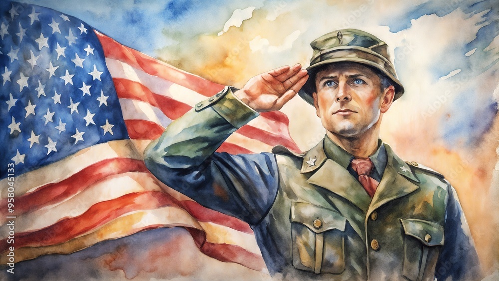 Watercolor military salute with flag background, a silhouette of a soldier saluting with an American flag waving in the background, patriotic and respectful Watercolor military salute with flag background, a silhouette of a soldier saluting with an American flag waving in the background, patriotic and respectful
