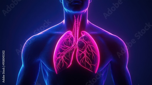 3D illustration of the human respiratory system, showing the lungs and bronchi in detail.