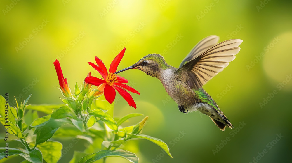 Fototapeta premium Hummingbird Feeding on Red Flower in Nature