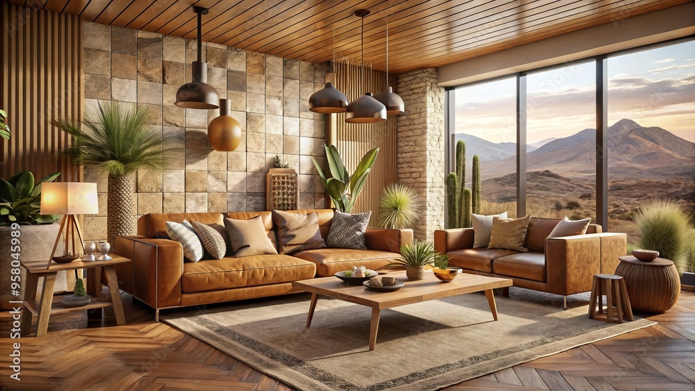 A modern desert-inspired living space distinguished by earthy tones, geometric patterns, and natural materials such as A modern desert-inspired living space distinguished by earthy tones, geometric patterns, and natural materials such as