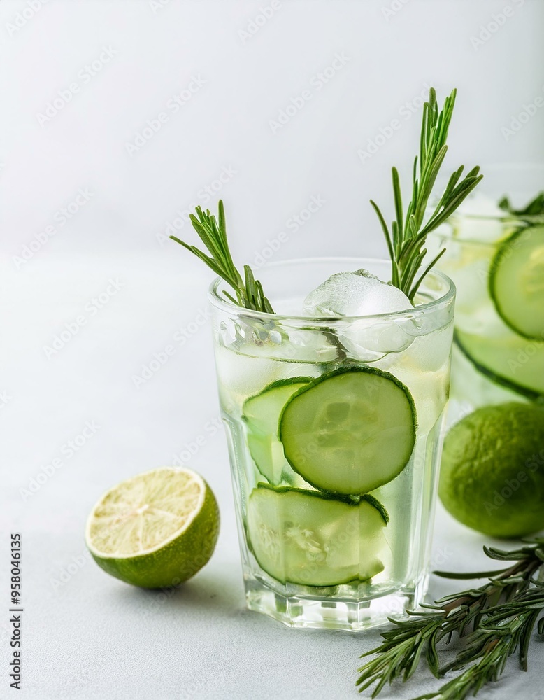 Homemade lime lemonade with cucumber, rosemary and ice, white background. Cold beverage for hot summer day. Copyspace.
Homemade lime lemonade with cucumber, rosemary and ice, white background. Cold beverage for hot summer day. Copyspace.