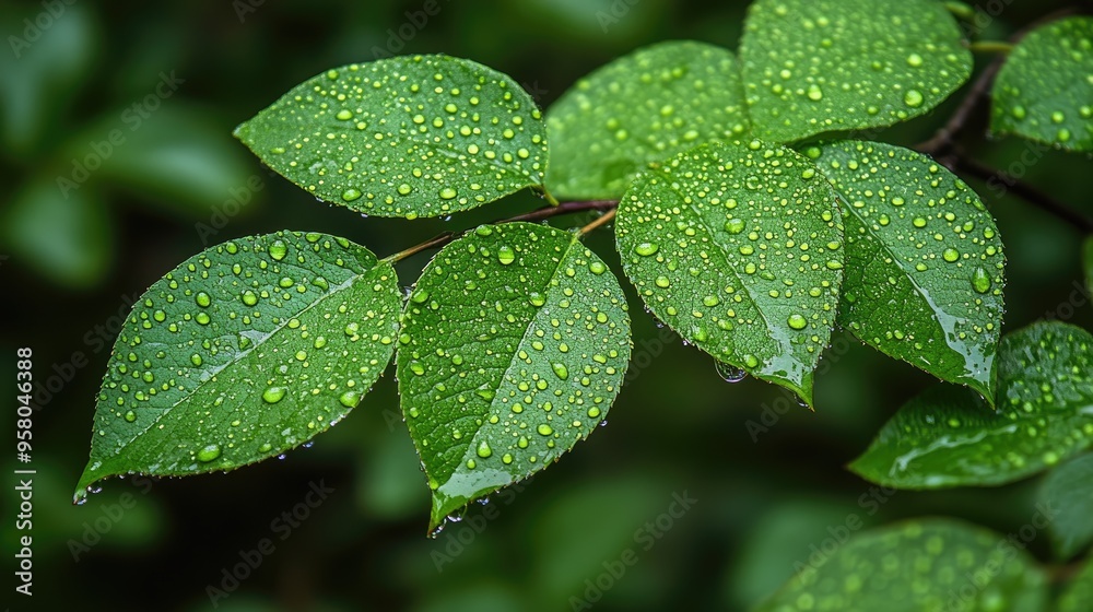 Green leaves covered in raindrops. This image can be used for websites or presentations focused on nature, the environment, or water conservation. Green leaves covered in raindrops. This image can be used for websites or presentations focused on nature, the environment, or water conservation.