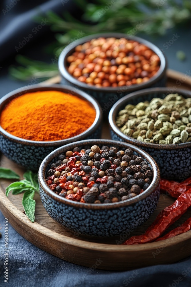 A close-up shot of various spices in bowls. This image showcases a variety of spices, perfect for use in culinary blogs or articles related to food and cooking. A close-up shot of various spices in bowls. This image showcases a variety of spices, perfect for use in culinary blogs or articles related to food and cooking.