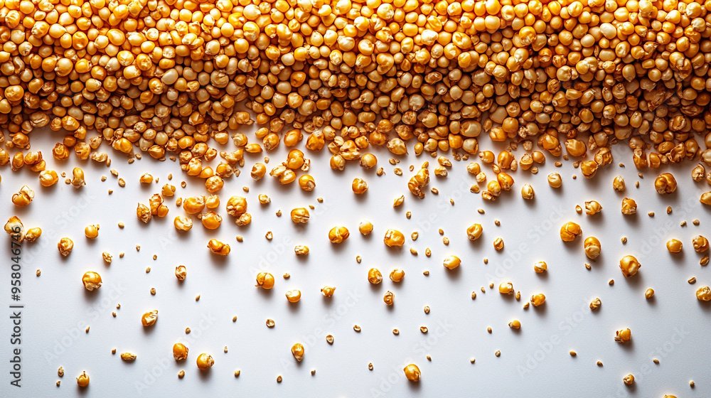 A close-up view of scattered golden grains on a white surface, showcasing vibrant color and texture, ideal for food-related projects.