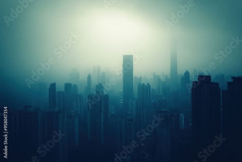 Dense smog enveloping a city skyline, with copy space. Dim, muted lighting. Urban background with barely visible buildings