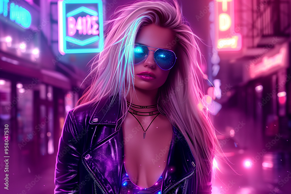 A woman in a black leather jacket and sunglasses stands in front of a neon sign. The image has a futuristic and edgy vibe, with the neon sign and the woman's outfit giving off a cool