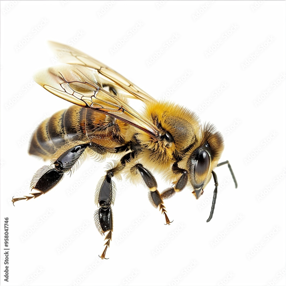 A bee, with intricate wings, delicately lands on a pure white background isolated on white A bee, with intricate wings, delicately lands on a pure white background isolated on white