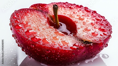 Juicy Cherry Half with Dewdrops: A close-up shot of a halved cherry, glistening with fresh dew drops, evokes a sense of freshness and vitality. The vibrant red hue and intricate details create a capti photo