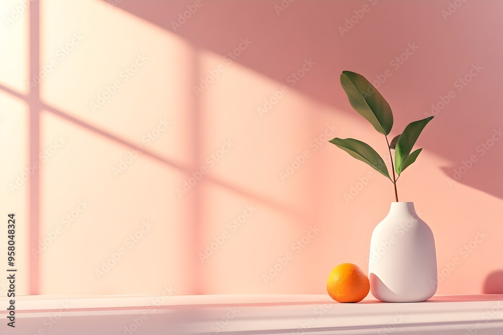 Minimalist Vase with Leaf on a Shelf with Warm Lighting and Shadow
