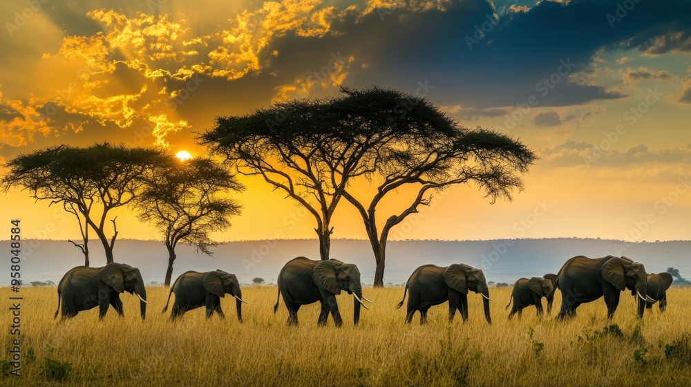 Fototapeta premium African Elephants at Sunset