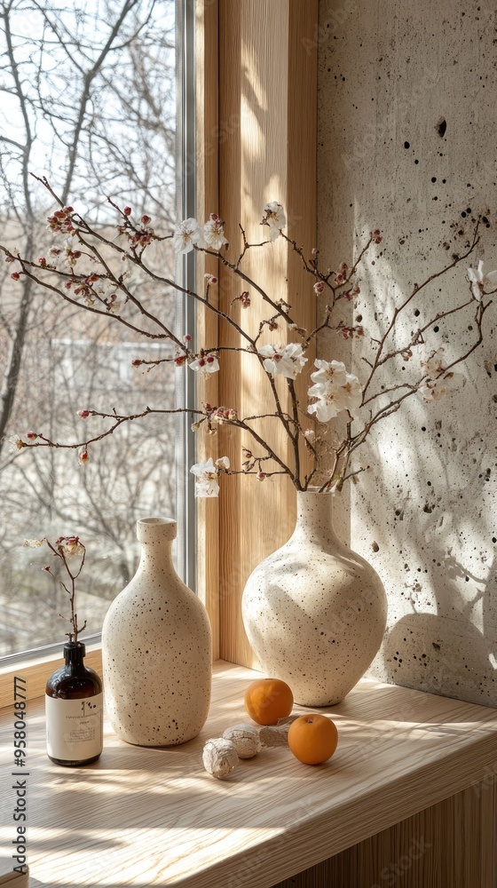 A vase with white flowers and a bottle on a windowsill. Great for home decor and lifestyle projects. A vase with white flowers and a bottle on a windowsill. Great for home decor and lifestyle projects.