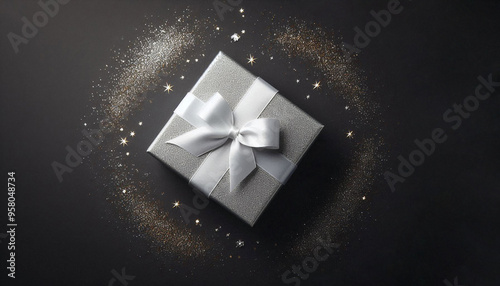 silver gift box with ribbon, sparkles