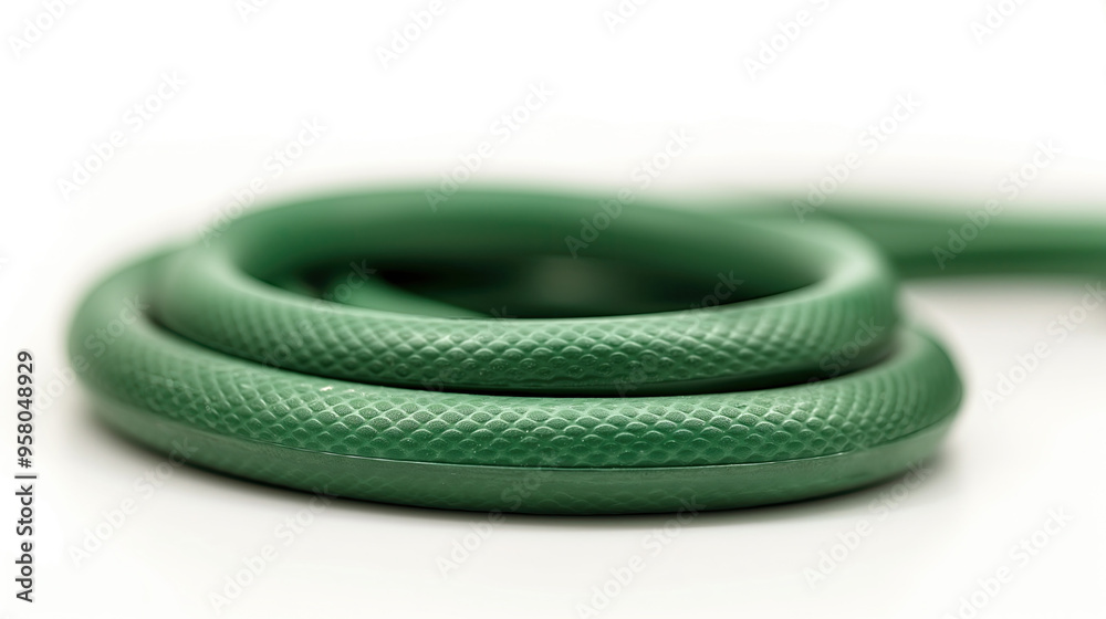 A coiled green garden hose with a textured surface, placed on a white background, ready for use in various gardening tasks. A coiled green garden hose with a textured surface, placed on a white background, ready for use in various gardening tasks.