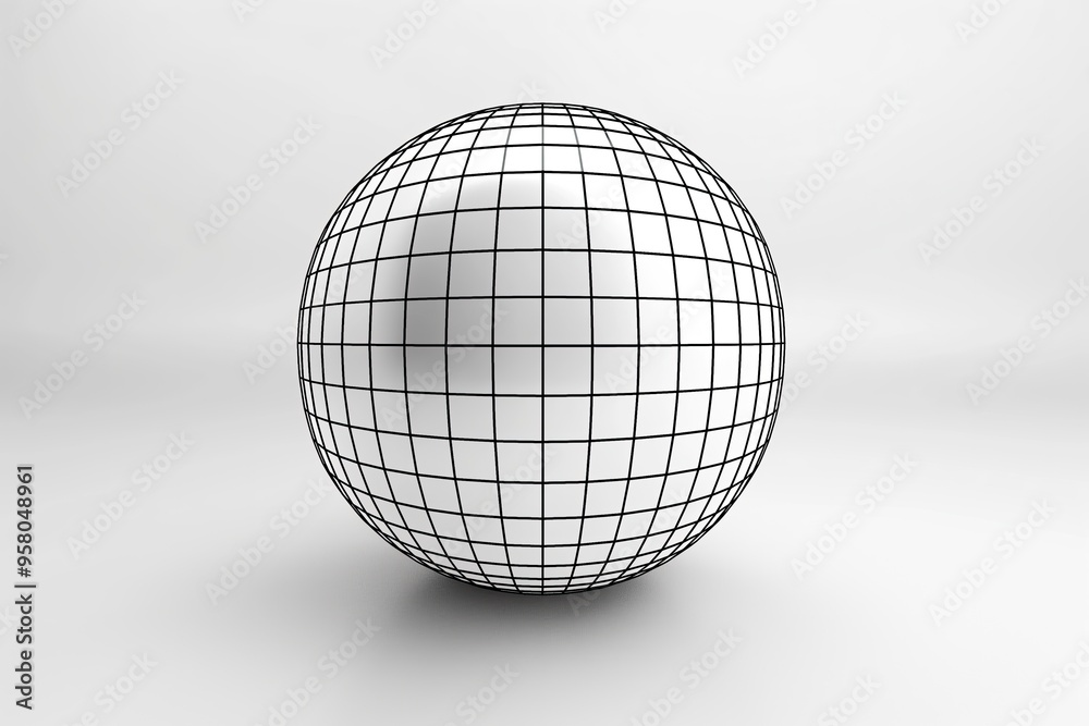 Glossy sphere with a black grid pattern floating against a white background, showcasing a minimalist and futuristic design. Glossy sphere with a black grid pattern floating against a white background, showcasing a minimalist and futuristic design.