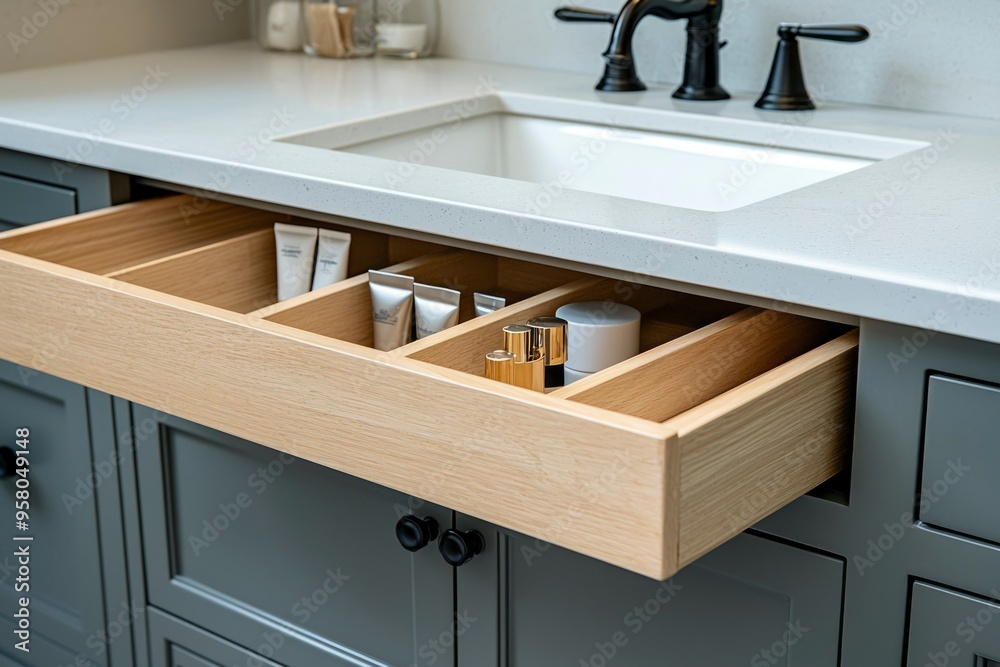 Open Bathroom Vanity Drawer with Organized Toiletry Items Open Bathroom Vanity Drawer with Organized Toiletry Items