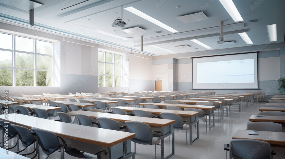 High quality photo of Medium-sized, modern, spacious lecture hall in the university, White light. High quality photo of Medium-sized, modern, spacious lecture hall in the university, White light.
