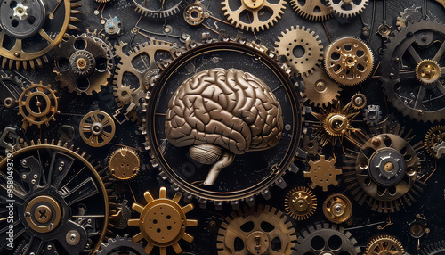 A brain is surrounded by gears and cogs, creating a sense of complexity photo