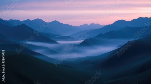 A wide-angle shot of the Qilian Mountains, with the first light of dawn illuminating the misty landscape, creating a comfortable and serene atmosphere photo