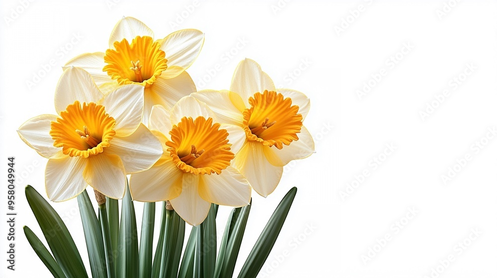 Daffodils in Bloom: A delicate cluster of vibrant yellow and white daffodils graces a crisp white background, capturing the essence of spring's arrival. These cheerful blossoms symbolize new beginning Daffodils in Bloom: A delicate cluster of vibrant yellow and white daffodils graces a crisp white background, capturing the essence of spring's arrival. These cheerful blossoms symbolize new beginning
