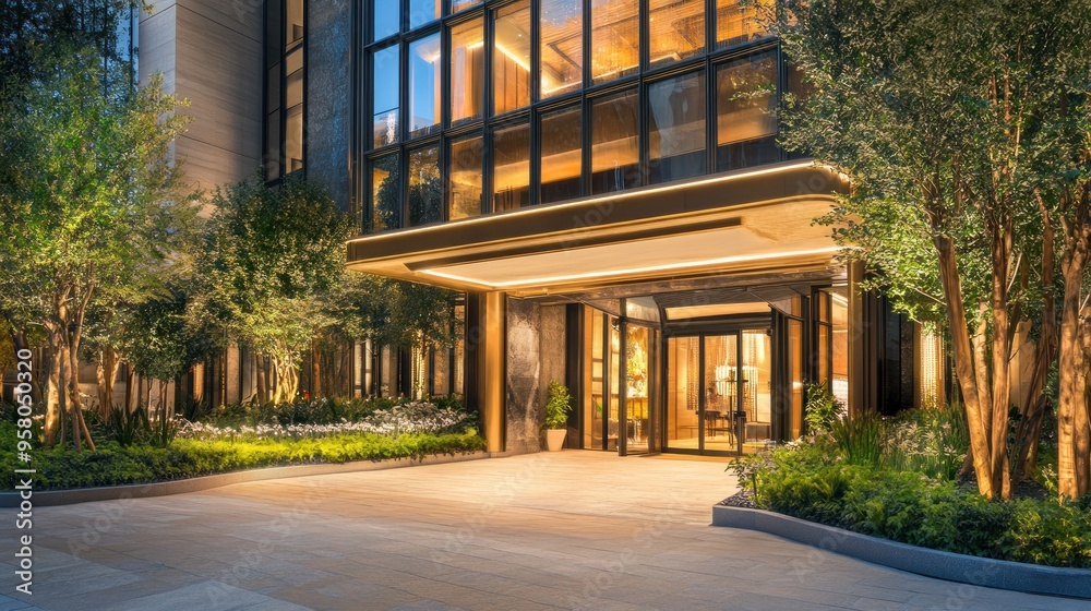 Obraz premium Modern Hotel Entrance with Illuminated Canopy