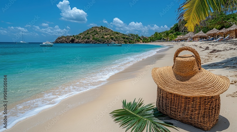 Tropical beach with a woven hat. The hat is on a white sand beach next to the ocean, showing a perfect day for relaxation. Tropical beach with a woven hat. The hat is on a white sand beach next to the ocean, showing a perfect day for relaxation.