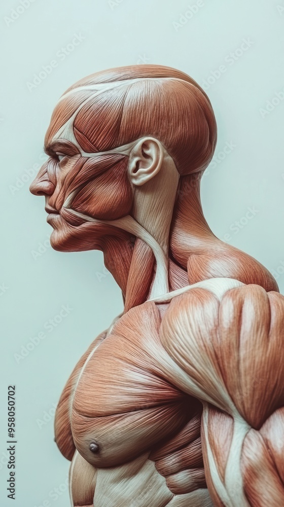 Fototapeta premium Close-up profile of a male human figure with visible muscles and tendons.