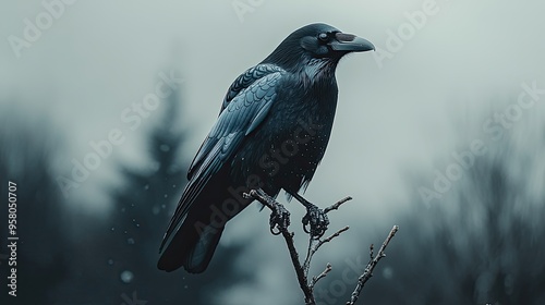 Black raven perched on a branch. Perfect for projects related to nature, wildlife, or mystery. photo