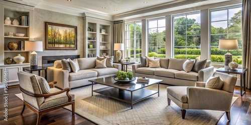 A spacious Westchester living room features comfortable seating, neutral hues, and refined decor, crafting a peaceful photo