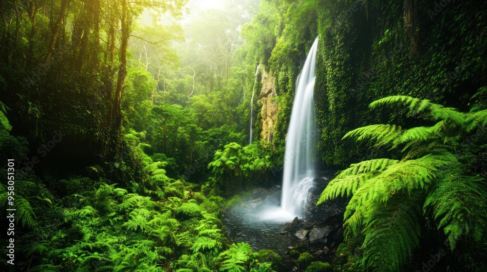 Tranquil Waterfall in Lush Jungle Tranquil Waterfall in Lush Jungle
