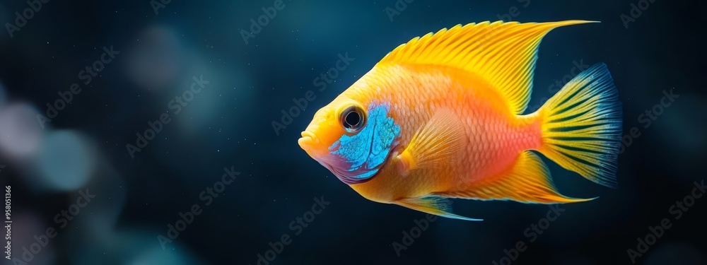 Naklejka premium A detailed view of a yellow-blue fish against a black backdrop with a softly blurred background