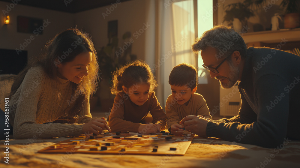 Fototapeta premium children playing chess, family is engaged in a fun or meaningful activity, such as playing a board game, reading a book together. The activity highlights their connection and enjoyment