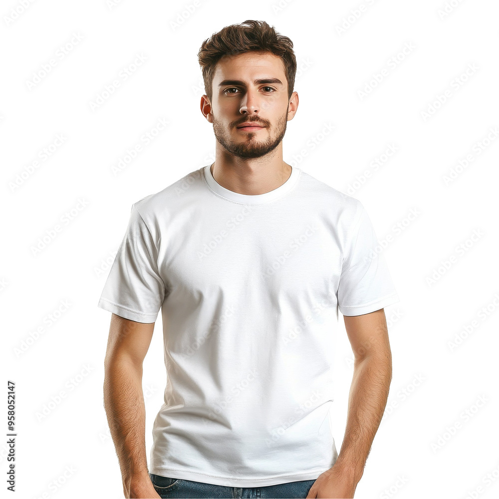 A man in a white shirt stands in front of a white background A man in a white shirt stands in front of a white background