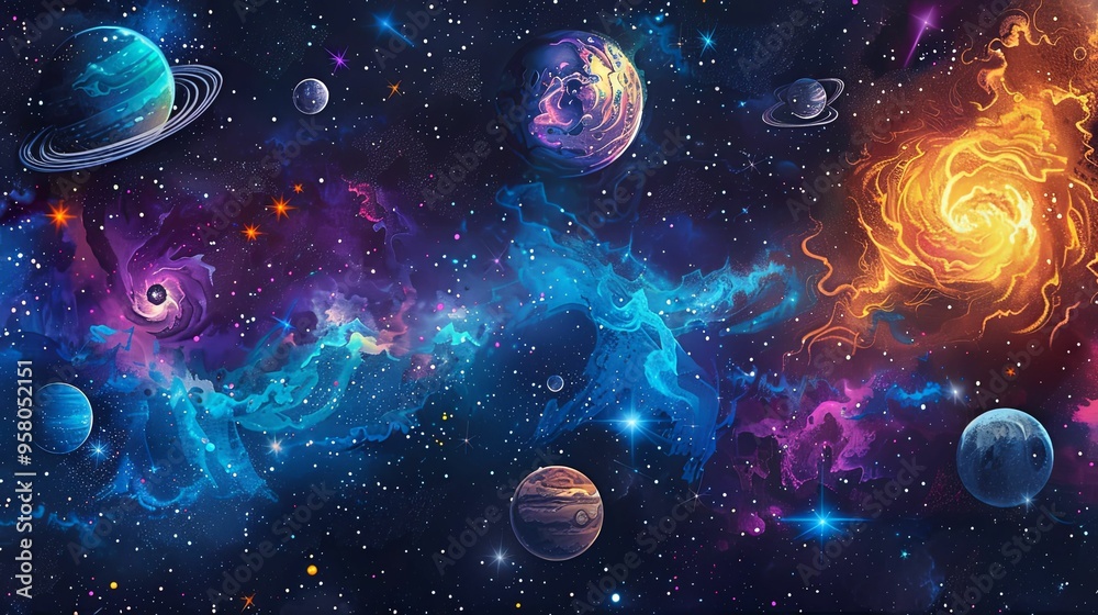 Cosmic Nebula with Planets and Stars Cosmic Nebula with Planets and Stars
