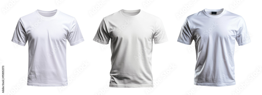 Three white t-shirts are displayed on a white background Three white t-shirts are displayed on a white background