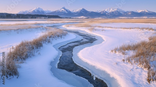 Crystal-clear lake nestled amidst snow-capped peaks, a serene winter wonderland