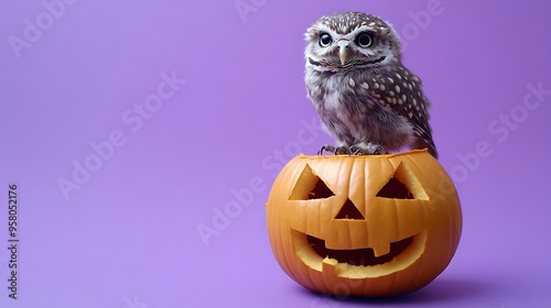 A tiny owl sitting on top of a small carved pumpkin, highly detailed feathers and sharp focus, solid purple background for Halloween stock photo photo