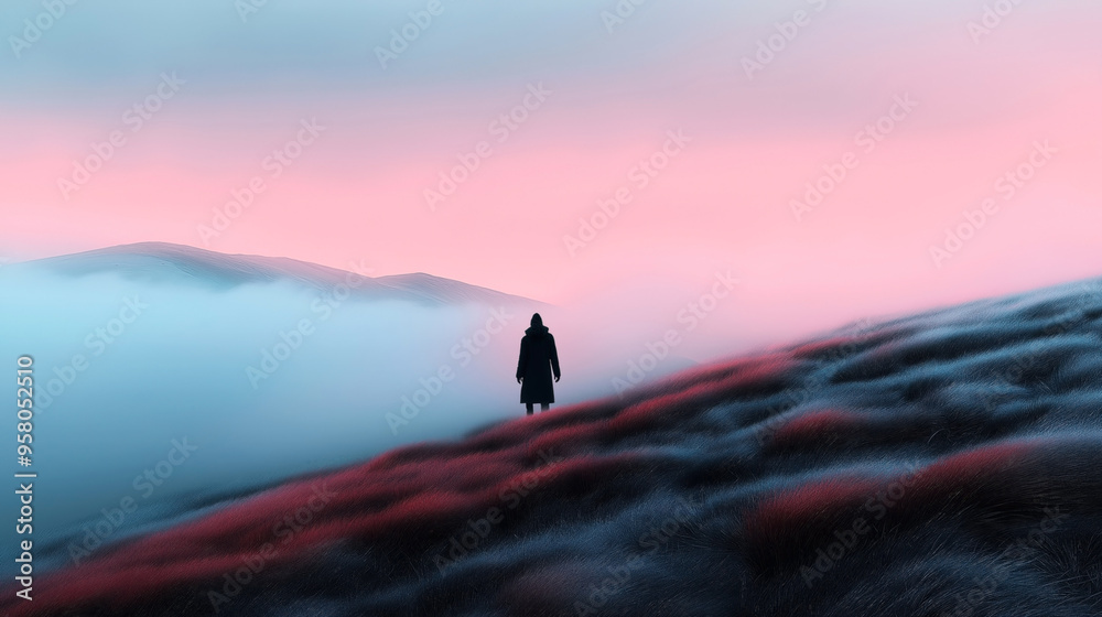 A lone person in a dark coat stands in a misty, surreal landscape with rolling hills. The sky is tinged with pink and blue hues, creating an ethereal atmosphere. A lone person in a dark coat stands in a misty, surreal landscape with rolling hills. The sky is tinged with pink and blue hues, creating an ethereal atmosphere.