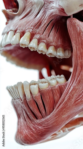 Close-up of a human jaw with exposed teeth and muscles.
