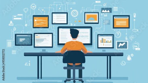 A man is sitting at a desk with multiple computer monitors and a keyboard
