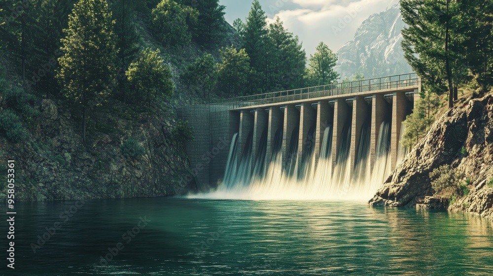 A serene landscape featuring a dam, cascading water, and lush greenery, perfect for nature and outdoor themes.