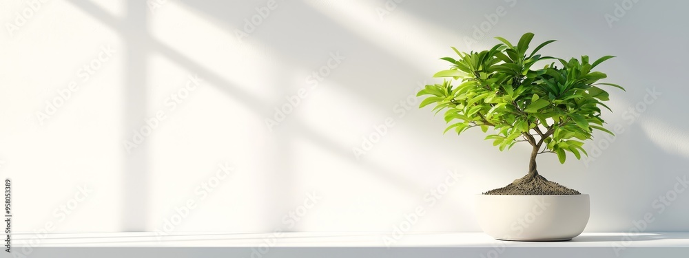 A potted plant on a table in a white room Sunlight streams through the window, casting its shadow on the wall A potted plant on a table in a white room Sunlight streams through the window, casting its shadow on the wall