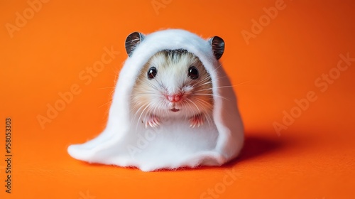 A small hamster wearing a ghost costume, sitting on a bright orange background, clear sharp focus and highly detailed fur, Halloween themed stock photo